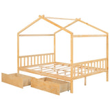 Full Size House Platform Bed with Two Drawers,Headboard and Footboard,Roof Design,Natural WF292923AAD