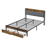 King Bed Frame with Storage, Bed Frame with LED Lights Upholstered Headboard and 2 Drawers, USB & W311P284693