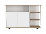 Kitchen Cart 35" H, Four Open Shelves, Double Door Cabinet, Four Casters - Light Oak/White B097133180