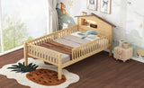 Twin Size Wood Platform Bed with House-shaped Headboard, LED and Built-in Storage, Natural N709P184429M