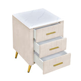 Upholstered Wooden Nightstand with 3 Drawers and Metal Legs&Handles, Bedside Table with Marbling N733P208520A