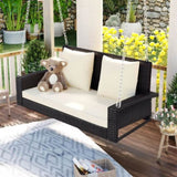 GO 2-Person Wicker Hanging Porch Swing with Chains, Cushion, Pillow, Rattan Swing Bench for Garden, WF285005AAD