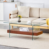 ZNTS 43.3 Inch Modern Two-Tier Coffee Table - An Elegant Combination of Clear Glass and Dark Wood Texture W2920P226069