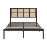 1pc Queen Platform Bed, Metal Frame Dark Bronze Finish Faux Cane Panel Headboard Casual Coastal B011P214030