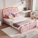 Twin Size Upholstered Platform Bed with Curve Shaped and Height-adjustbale Headboard,LED Light WF323748AAH