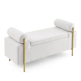 Elegant Upholstered Linen Storage Bench with Cylindrical Arms and Iron Legs for Hallway Living Room W487128010