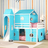 ZNTS Full Size Loft Bed with Slide Blue Tent and Tower - Blue WF298771AAC