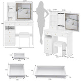 37" Middle Size Left Drawer Desktop Vanity Table Cushioned Stool, Large Sliding, Touch Control, W3258P293192