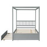 Full Size Canopy Bed with Twin Trundle, Kids Solid Wood Platform Bed Frame w/ Headboard, No Box W69740998