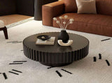 Round Coffee Table Handcrafted Relief Sturdy Pedestal Wooden Olive-Shaped Tea Table for Living Room W3081P255051