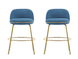Rio Claro Indoor Metal Upholstered Barstool, Gold Finished Frame and Blue Upholstery, Set of 2 N775P268026U