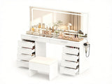 White Makeup Vanity Table with Touch Control 3-Color LED Lighted Mirror, Built-in Charging Station 2 59930352
