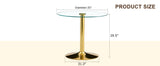 A 35-inch diameter glass top and a modern, minimalist round dining table with gold metal legs. Ideal W1151P263755