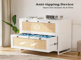 Wide Wooden Filing Cabinet, White Embossed Melamine Faced MDF with Rattan Panel, 2 35151237