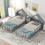 Double Twin Size Platform Bed with House-shaped Headboard and a Built-in Nightstand, Grey WF306928AAE
