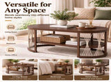 2-Tier Oval Coffee Table, 37.8" x 19.7" x 18.1", Melamine MDF & Iron Frame, Rattan Shelf, Walnut 26028317