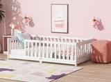 Twin Size Floor Bed with Fence without Door, Rubber Wood Floor Bed with Safety Guardrails,White W504P429335