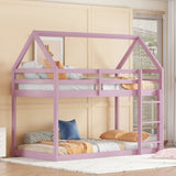 Twin over Twin Rubber Wood Floor Bunk Bed, with ladder,Guardrails,House-Shaped-Bunk Bed,Pink W504P206867