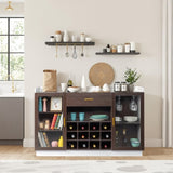 Double Glass Door with Single Drawer and 12-Bottle Wine Rack Sideboard in Black Frame White-Brown 64021820