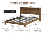 Queen-size slatted bed frame with storage, built-in charging ports, wave-shaped design, and metal W1162P440051