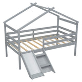 ZNTS Twin Low Loft House Bed with Slide, Ladder, Safety Guardrails, House Roof Frame,Grey 74742872