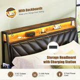 Full size Platform Bed Frame with 105-Degree Tilted Upholstered Headboard, Charging Station, LED W1903P195308