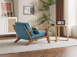 Mid-Century Oak Accent Chair - Linen-Cotton Navy Blue Upholstered Single Lounge Chair, Indoor 88345572