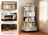 5 Tier Rotating Bookshelf, 360&deg Display Round Spinning Bookshelf with Wheels and Drawer, 05327694