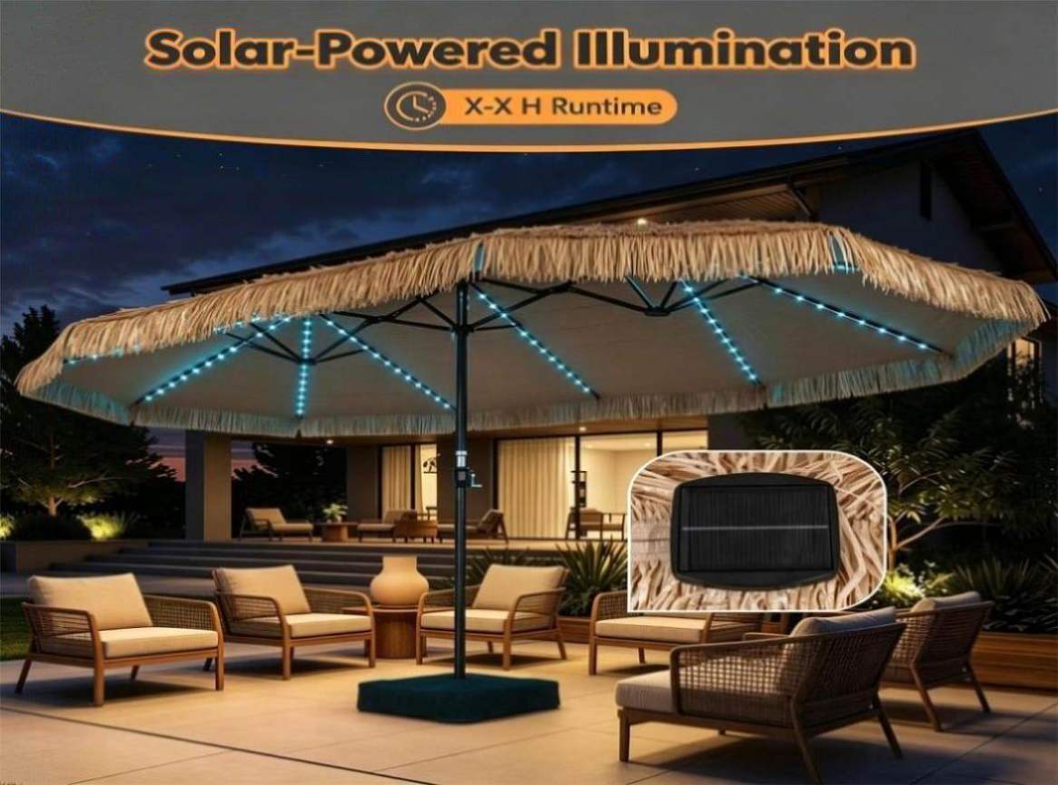 15 x 9 FT Double-Sided Solar LED Patio Umbrella, 144 LEDs 12 Modes Out – ZNTS Wholesale United States