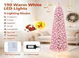 6 FT Pink Flocked PreLit Pencil Christmas Tree, 392 Branch Tips Artificial Fir Tree with 140 Warm 23193054