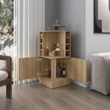 Natural Oak Corner Bar Cabinet with Bottle Rack and Open Shelf B062P290256