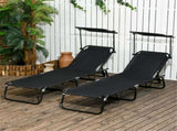 Black Set of 2 Outdoor Lounge Chairs Reclining Back, Steel Frame with Side Pocket for Poolside 12150386