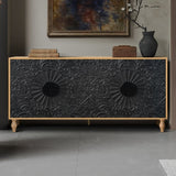 Black Carved Symmetrical Design Door And Wood Coloured Frame For TV Stand Table,Living Room W1445P164172