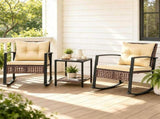 3-Piece Outdoor PE Rattan Rocking Chair Conversation Set with 2-Tier Glass Coffee Table, Heavy Duty 86551624