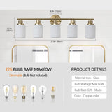 5-Light Golden Bathroom Vanity Light Fixture, Frosted Glass Shades, Modern Wall Mounted Lighting W1340P206702