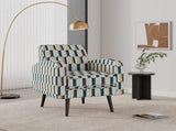 Darien Accent Arm Chair in Yellow, Olive and Navy Stripe Pattern with Dark Brown Solid Wood Legs B127P495074