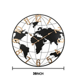 36 Inch Large Black Metal Wall Clock, Modern Silent World Map Wall Clock with Vintage Gold Arabic W1445P249305