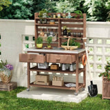 K&K 64.9"H Outdoor Potting Bench Table with Lockable Wheels, Solid Wood Outdoor Kitchen Island with N707P228274Z