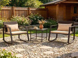 3-Piece Outdoor Wicker Rocking Chair Set, Patio Conversation Furniture with Tempered Glass Side 98968869
