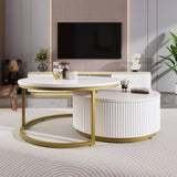 ZNTS Modern Round Nesting Coffee Table Fluted with Drawer in White & Gold in 27.6