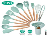 11Pcs Silicone Cooking Utensil Set Heat Resist Wooden Handle Silicone Spatula Ladle Spaghetti Server 78150001