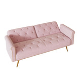 A 69.7-inch-long sofa bed covered in pink velvet fabric, featuring nail head trimndccompanied by W3356P298450