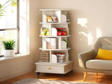 5 Tier Rotating Bookshelf, 360&deg Display Round Spinning Bookshelf with Wheels and Drawer, 05327694