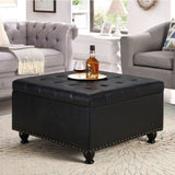 Large square storage ottoman with wooden legs, Upholstered button tufted coffee table with nail W2186142958