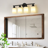Modern 4-Light Vanity Bathroom Mirror Light, Frosted White Glass with Black Iron Frame, Contemporary W1340P206693