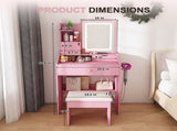 3-Color LED Vanity Mirror with Stool, Pink Dressing Table for Bedroom, 2 Drawers & 5 Storage W2700P457871