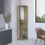 Chicago 75" H Mirrored Corner Bar Cabinet, With Glass Doors, Two Shelves and Stemware Macadamia B070P214553