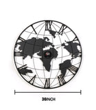 36 Inch Large Black Metal Wall Clock, Modern Silent World Map Wall Clock with Gold Pointers, W1445P249307