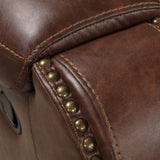 Achern Brown Leather-Air Nailhead Manual Reclining Loveseat with Storage Console T2574P198805