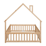 Full House-Shaped Headboard Floor Bed with Fence,Natural W504119482